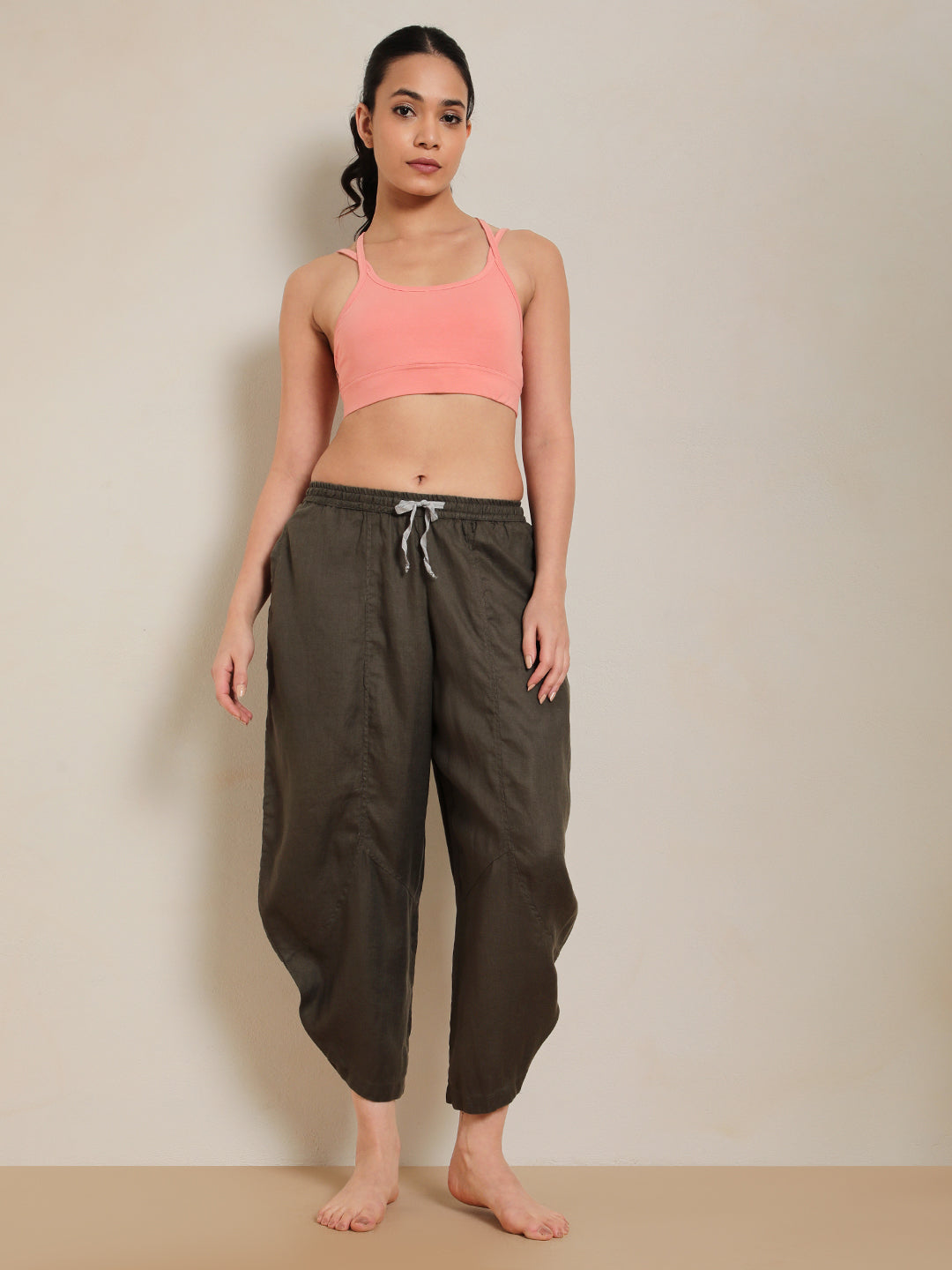 Proyog Ankle Length Easy Yoga Pants with Pockets Linen I Kosa Olive