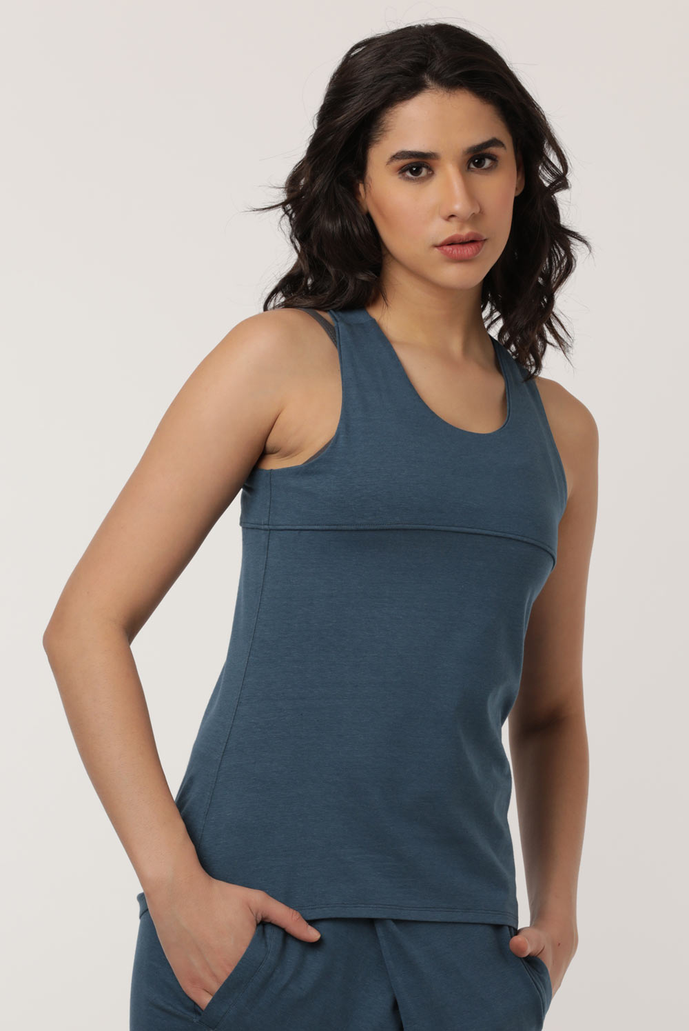 Girl in a Blue Yoga Sleeveless Top