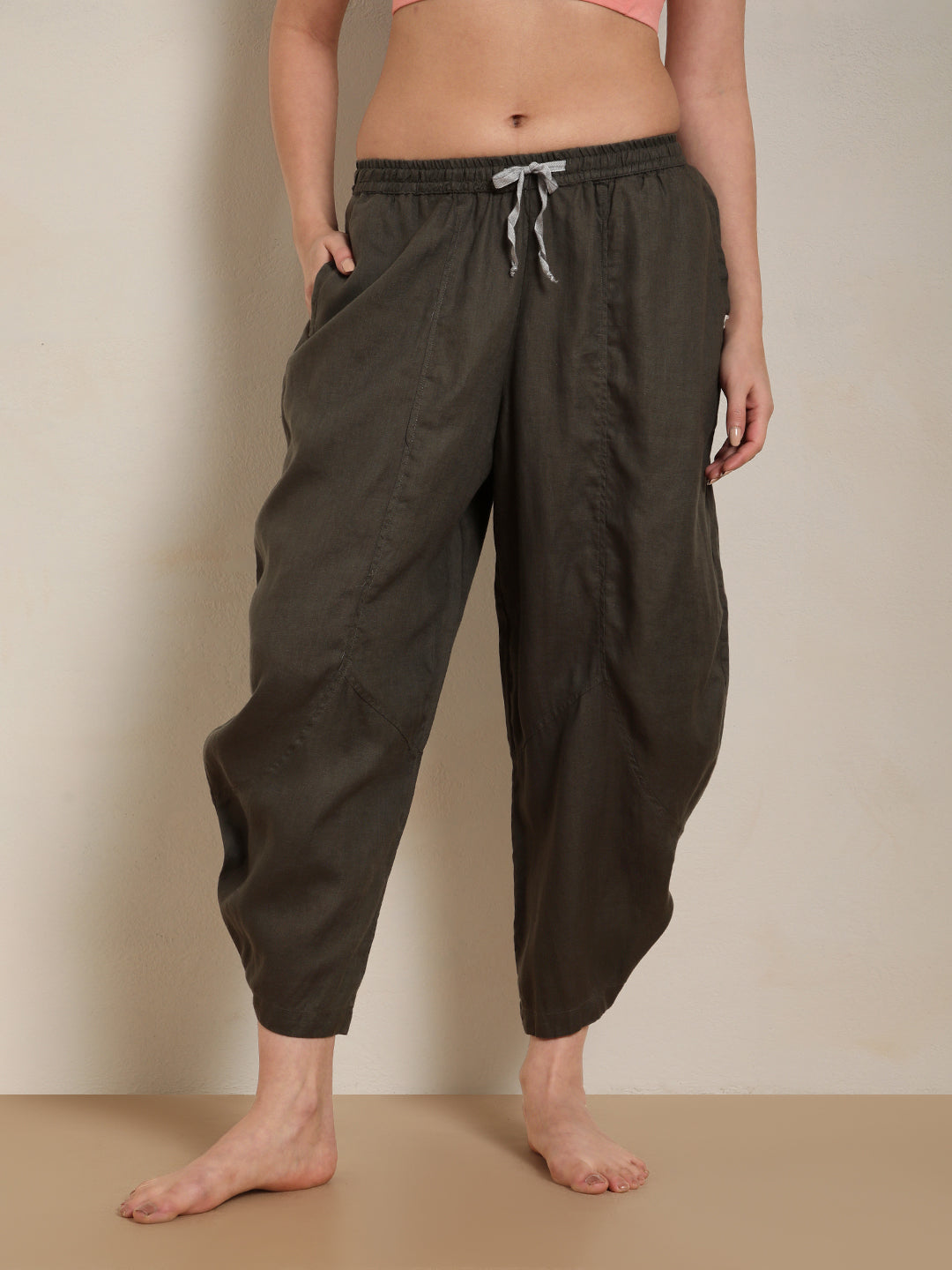 Proyog Ankle Length Easy Yoga Pants with Pockets  Linen I Kosa Olive