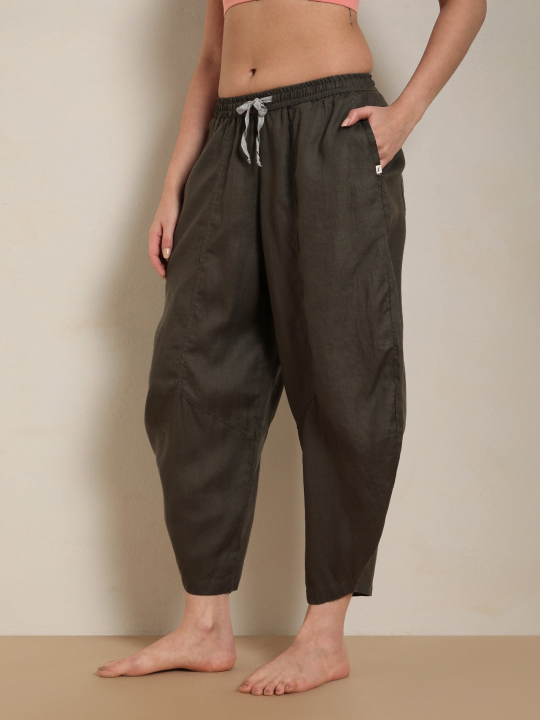 Proyog Ankle Length Easy Yoga Pants with Pockets  Linen I Kosa Olive