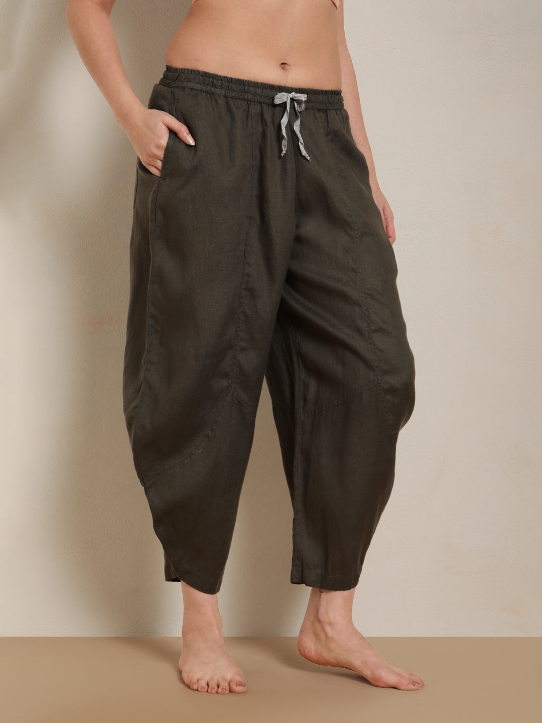 Proyog Ankle Length Easy Yoga Pants with Pockets  Linen I Kosa Olive