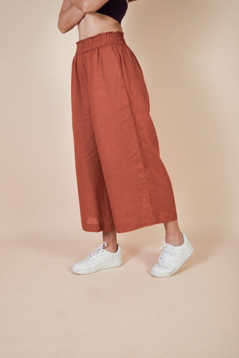 Straight Leg Cropped Womens Pant  Linen | Long Yama Rust