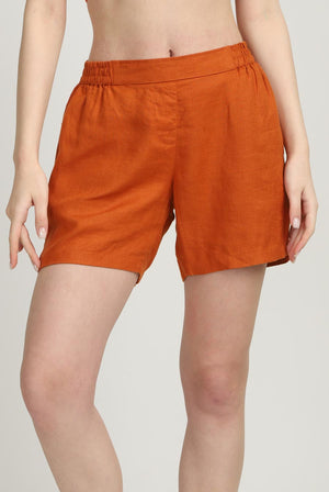 100% Linen Rust Yoga Shorts Front