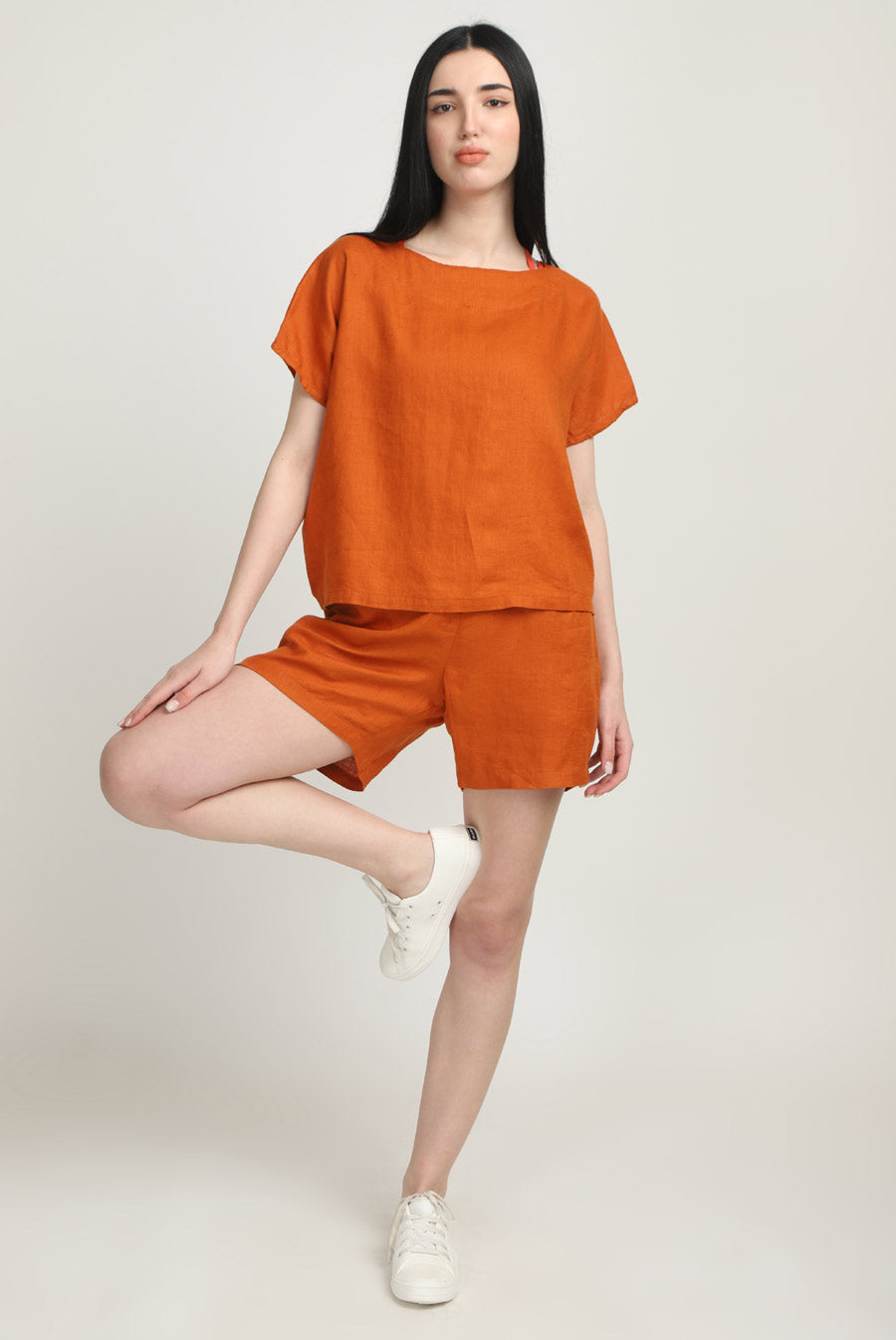 100% Linen Rust Yoga Crop top and Shorts