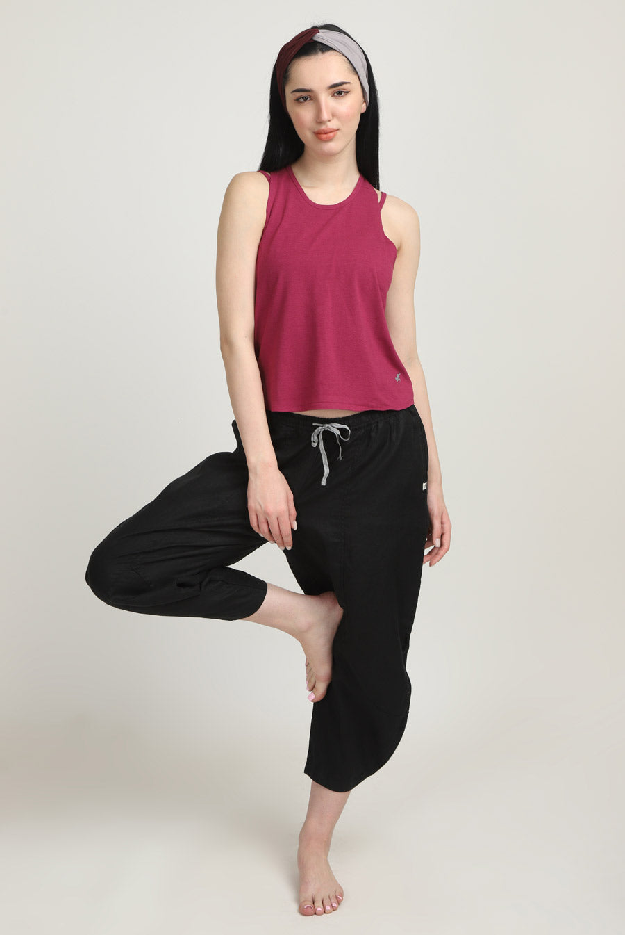 Woman in Black 100% Linen Pants and Pink Top