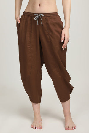 100% Linen Brown Yoga Pants front View