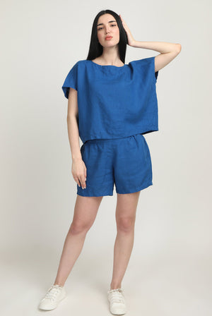 100% Linen Blue Crop Top with Co-ord Set Shorts