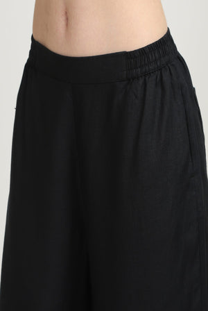100% linen black yoga pants elastic wais detail
