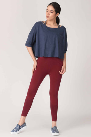 Stylish, Loose Fit Boxy Yoga Crop T-shirt Printed Organic Cotton Navy. Look with Slim Leggings. 