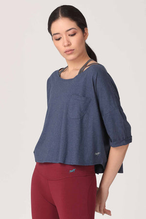 Stylish, Loose Fit Boxy Yoga Crop T-shirt Printed Organic Cotton Navy. Front.