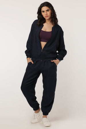 Womens Lined Bomber Jacket and Pant Coord Set Linen : Arya Navy