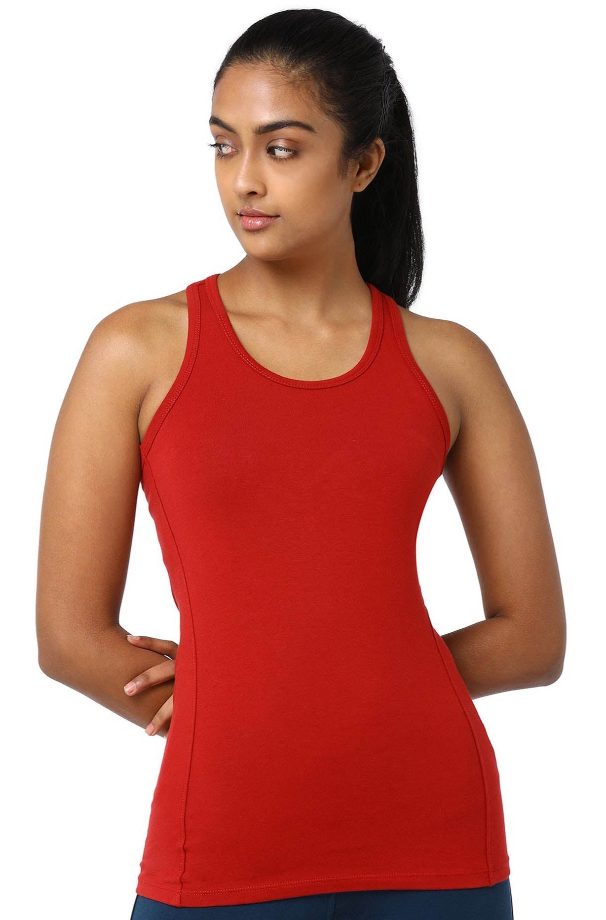 Girl in a Red Yoga Racerback Tank Top