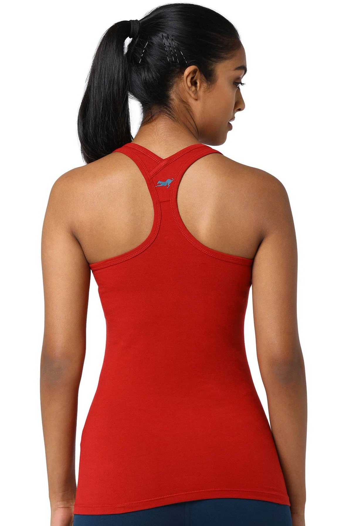 Girl in a Red Yoga Racerback Tank Top with back detail