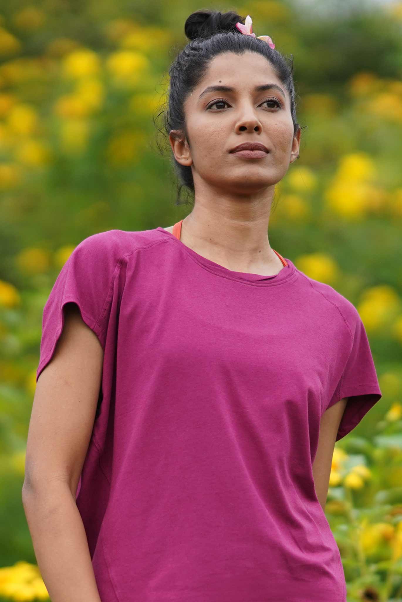 Womens Bat Sleeve Loose Yoga Top Organic Cotton I Nava Raspberry