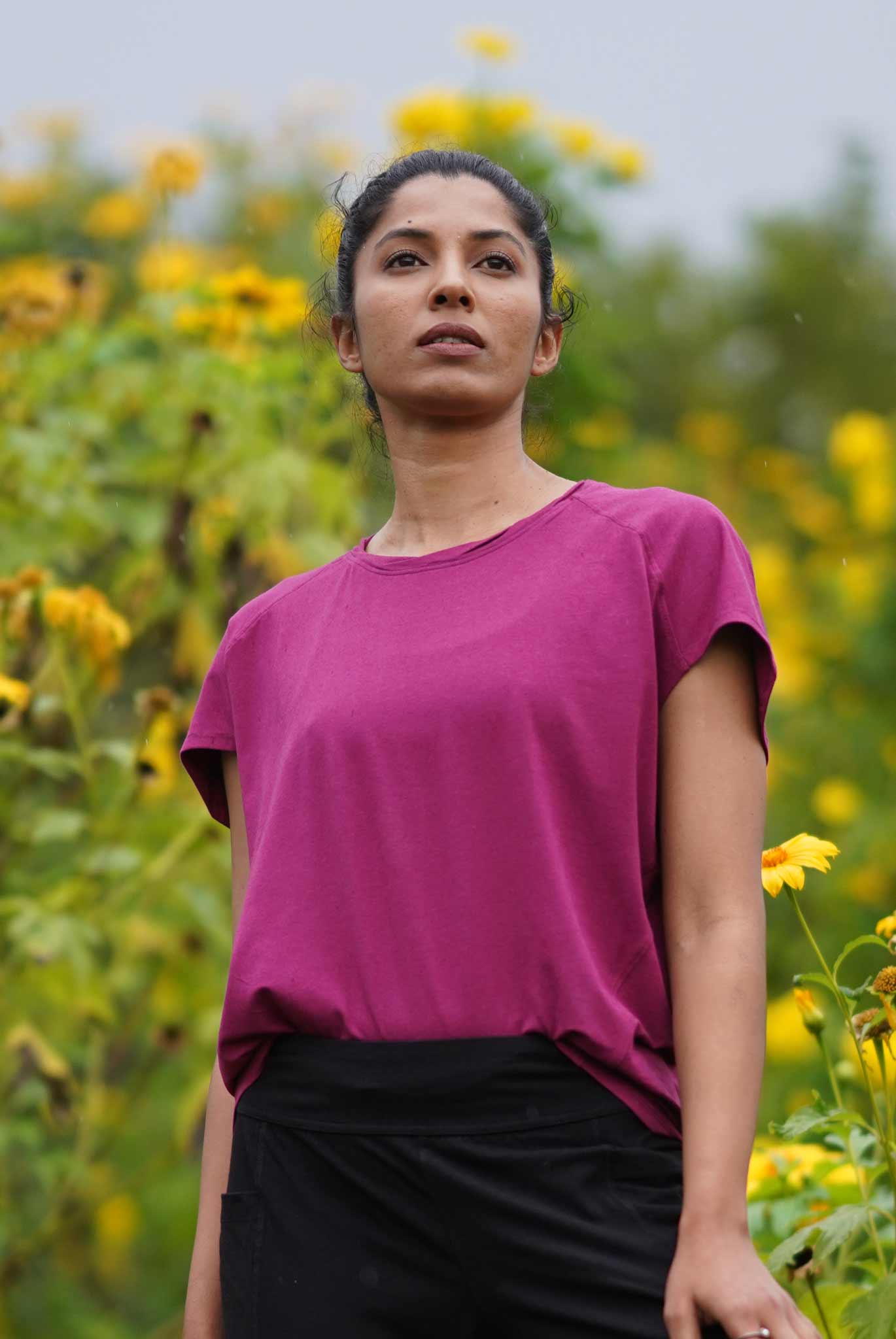 Womens Bat Sleeve Loose Yoga Top Organic Cotton I Nava Raspberry