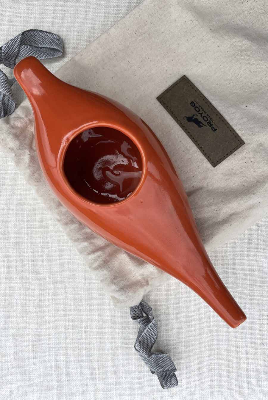 Orange Neti Pot in Ceramic  with pouch