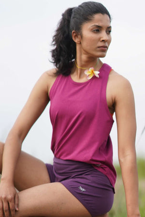 Yoga Tank Raspberry with Crossback and Iyengar shorts Front