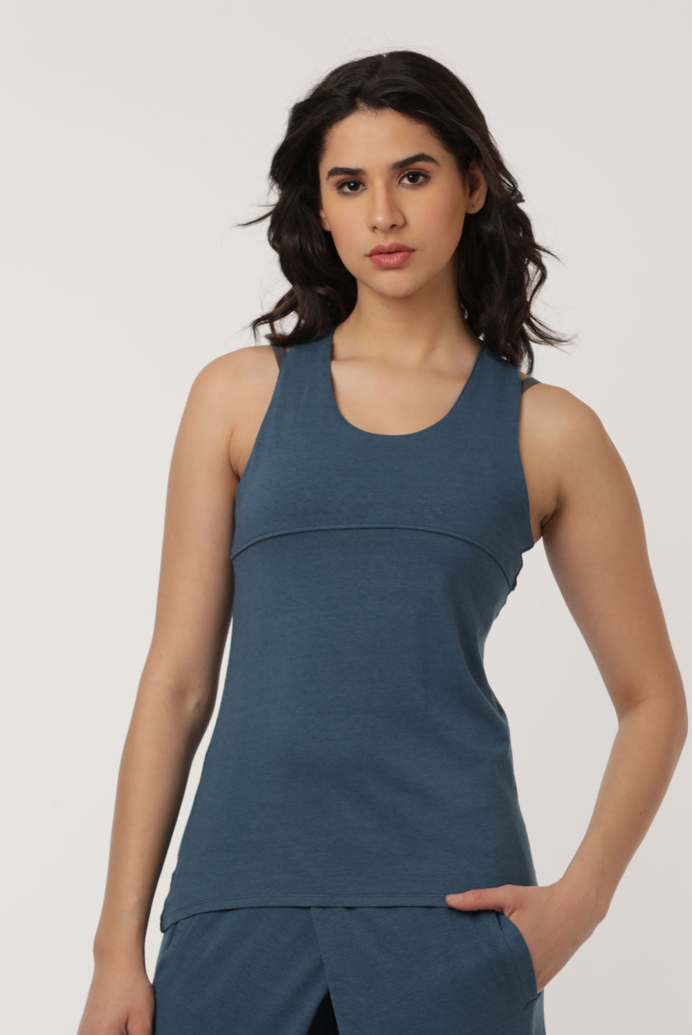 Girl in a Blue Yoga Sleeveless Top 